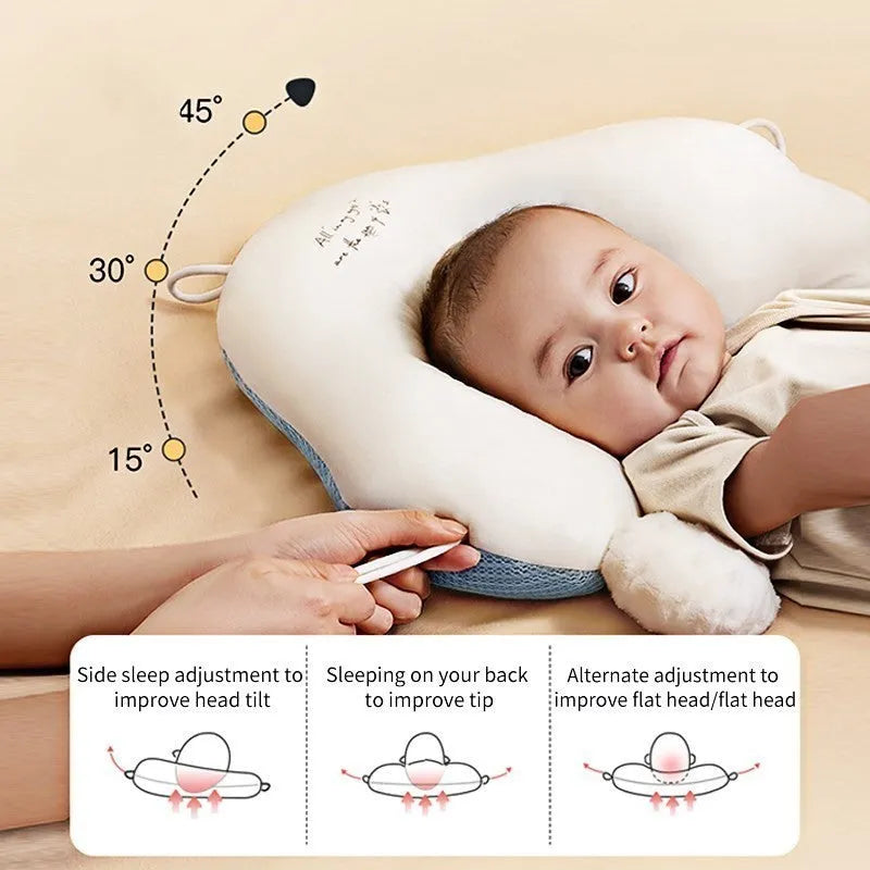 U-shaped baby head shaping pillow in blue white colour with pure cotton cover