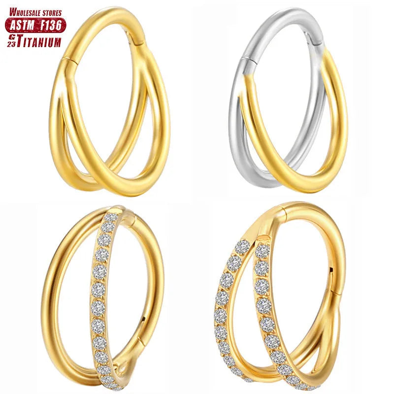 F136 Titanium Alloy nose ring body jewellery shown in silver, gold, black, and rose gold finishes.