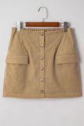 Women's corduroy hip skirt in solid coffee colour, short street-style design with button detail, sizes S to XL