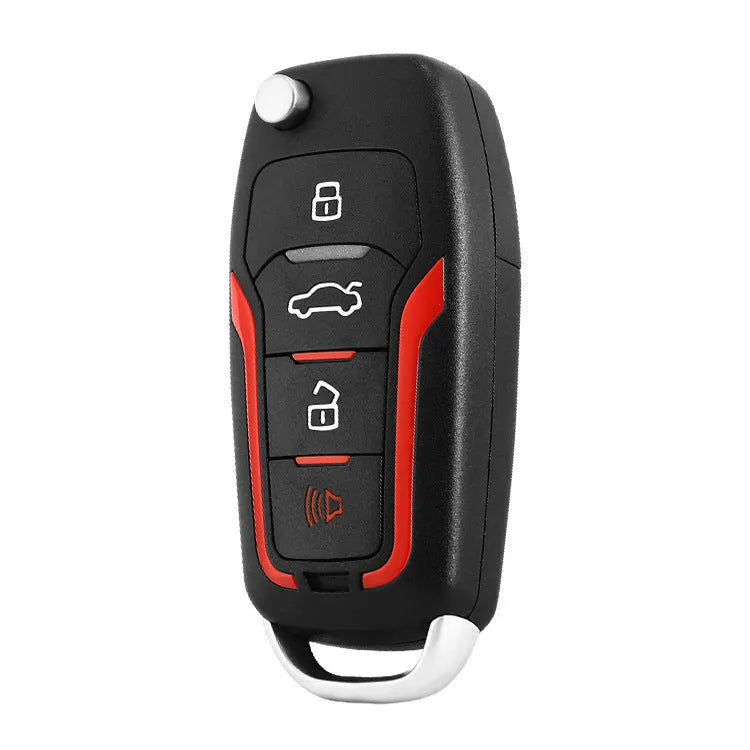 Red and frosted black one-way remote control car alarm unit with two remotes for vehicle security.