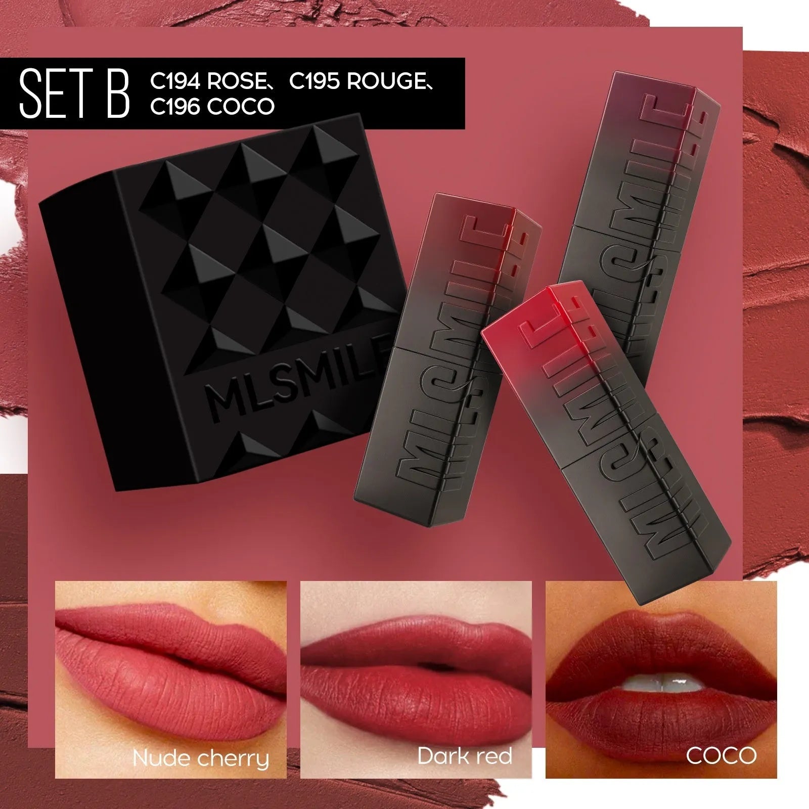 MLSMILE embossed lipstick set of three tubes in a 7.7cm x 6.8cm x 2.4cm box.