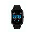 Square black elderly smartwatch with silicone strap showing time on its 1.3-inch screen.