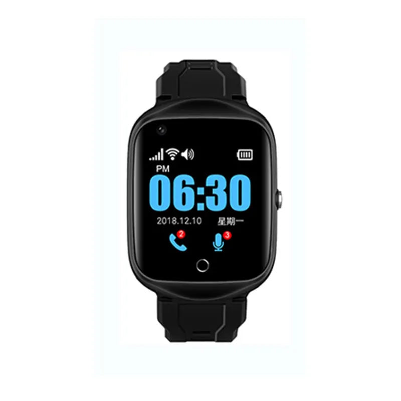 Square black elderly smartwatch with silicone strap showing time on its 1.3-inch screen.