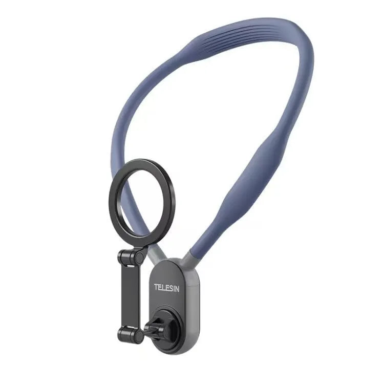 Grey silicone magnetic phone neck mount with quick release mechanism and anti-release rope