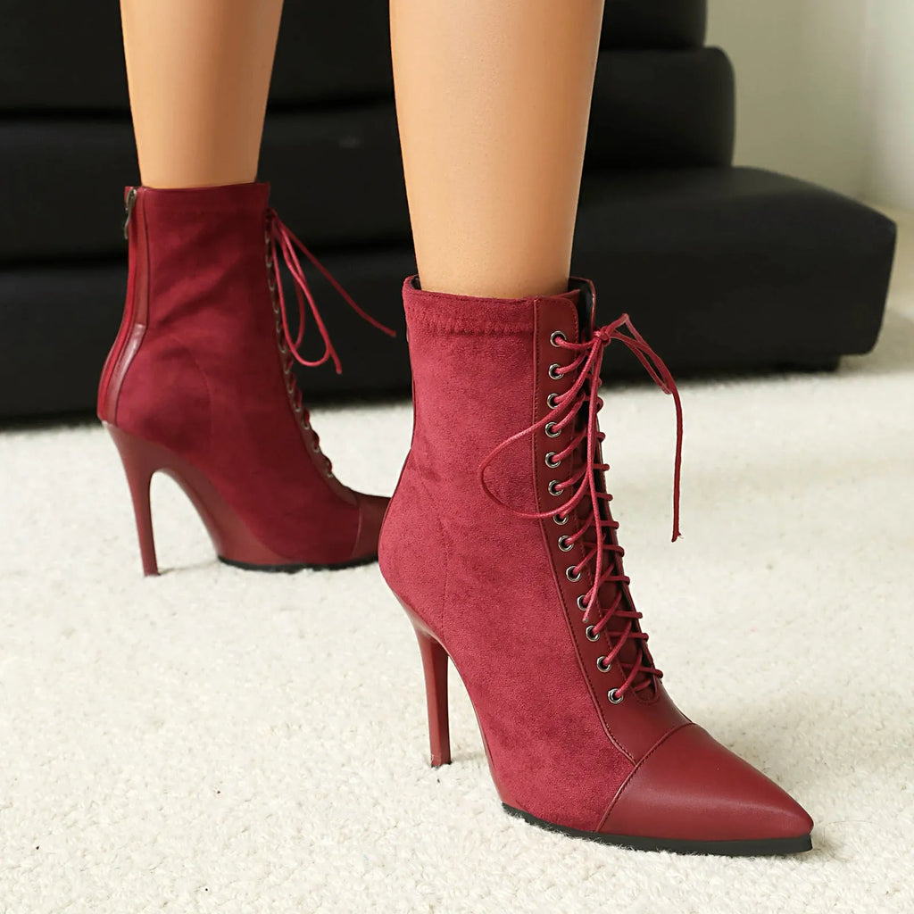 Women's suede drawstring patchwork knight boots with stiletto heel and back zipper