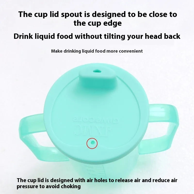 Oblique mouth choke-proof drinking cup with handle and lid, shown in bed care setting.
