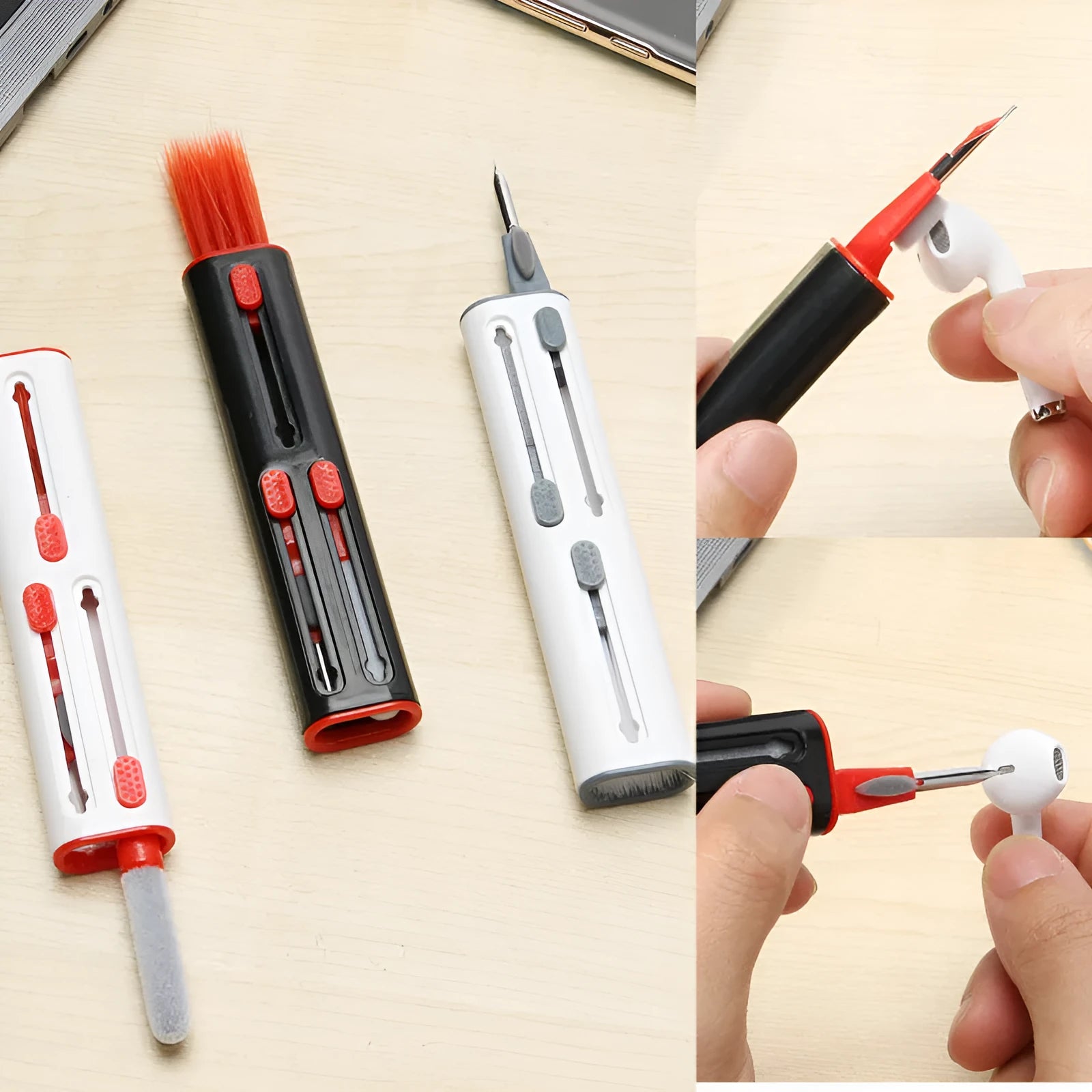 White and red cleaning pen for AirPods Pro with metal pick, brush, and sponge heads.