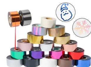 Rolls of gold, silver, and coloured hot foil stamping paper for leather and plastic bronzing.