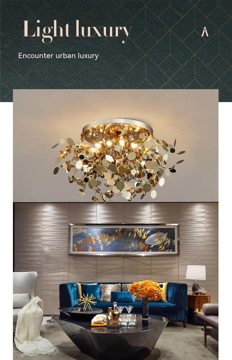 Stainless steel bar tree blade chandelier with eight G9 lights, shown in D380 x H450 mm and D500 x H450 mm sizes