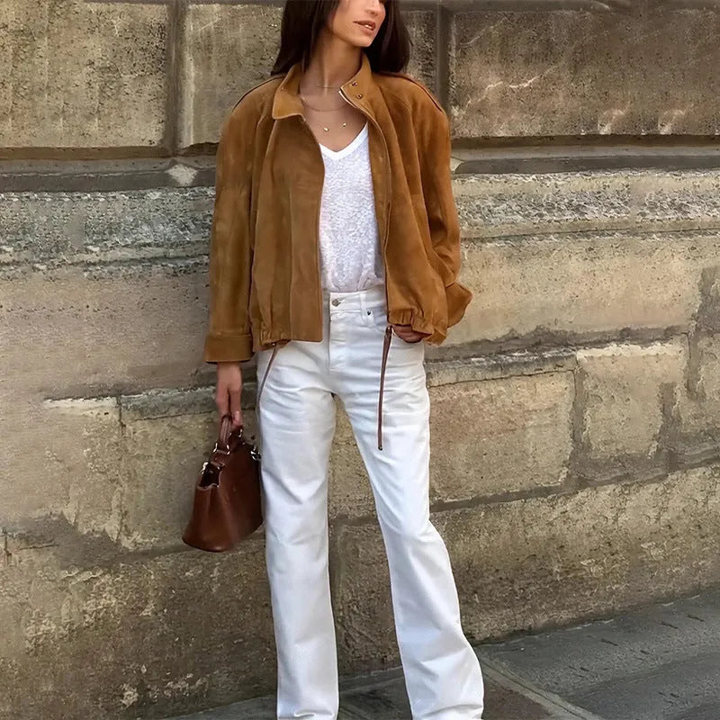 Retro solid colour loose-fit long sleeve jacket on a hanger.