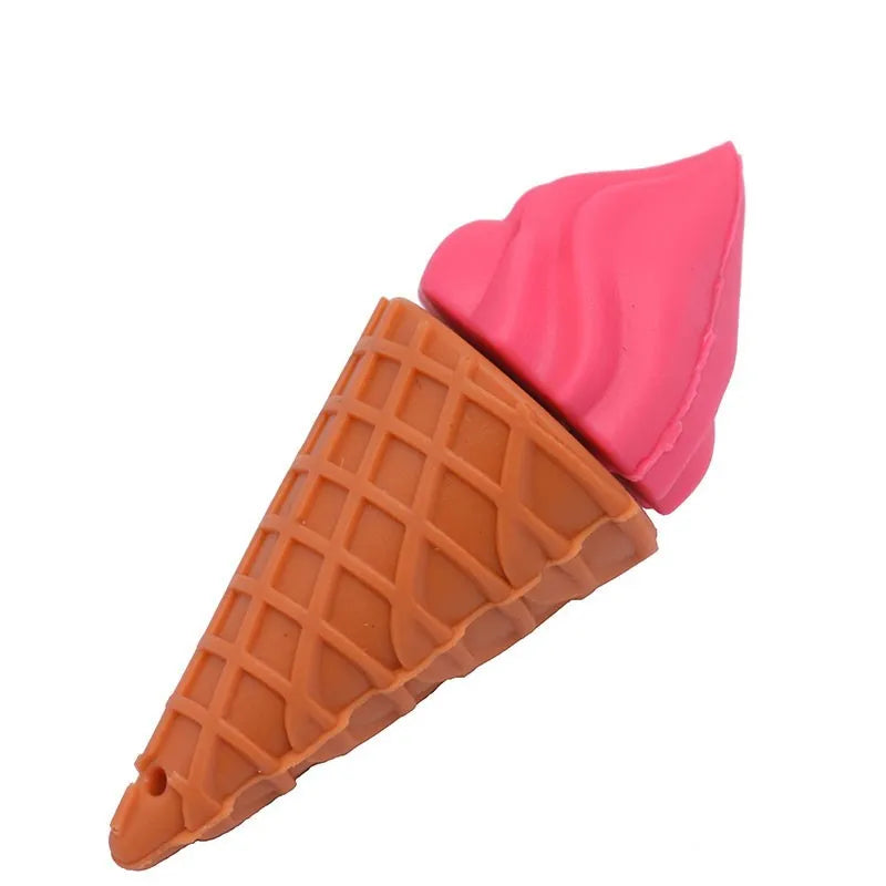 Small pink ice cream cone-shaped USB flash drive on a plain background