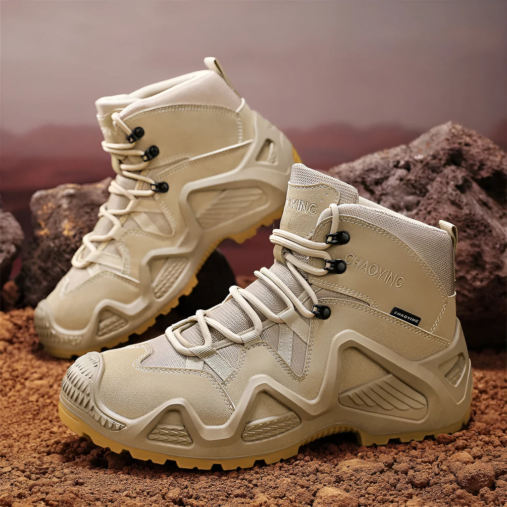 Men's high-top canvas tactical desert boots with rubber sole in black, grey, or khaki.