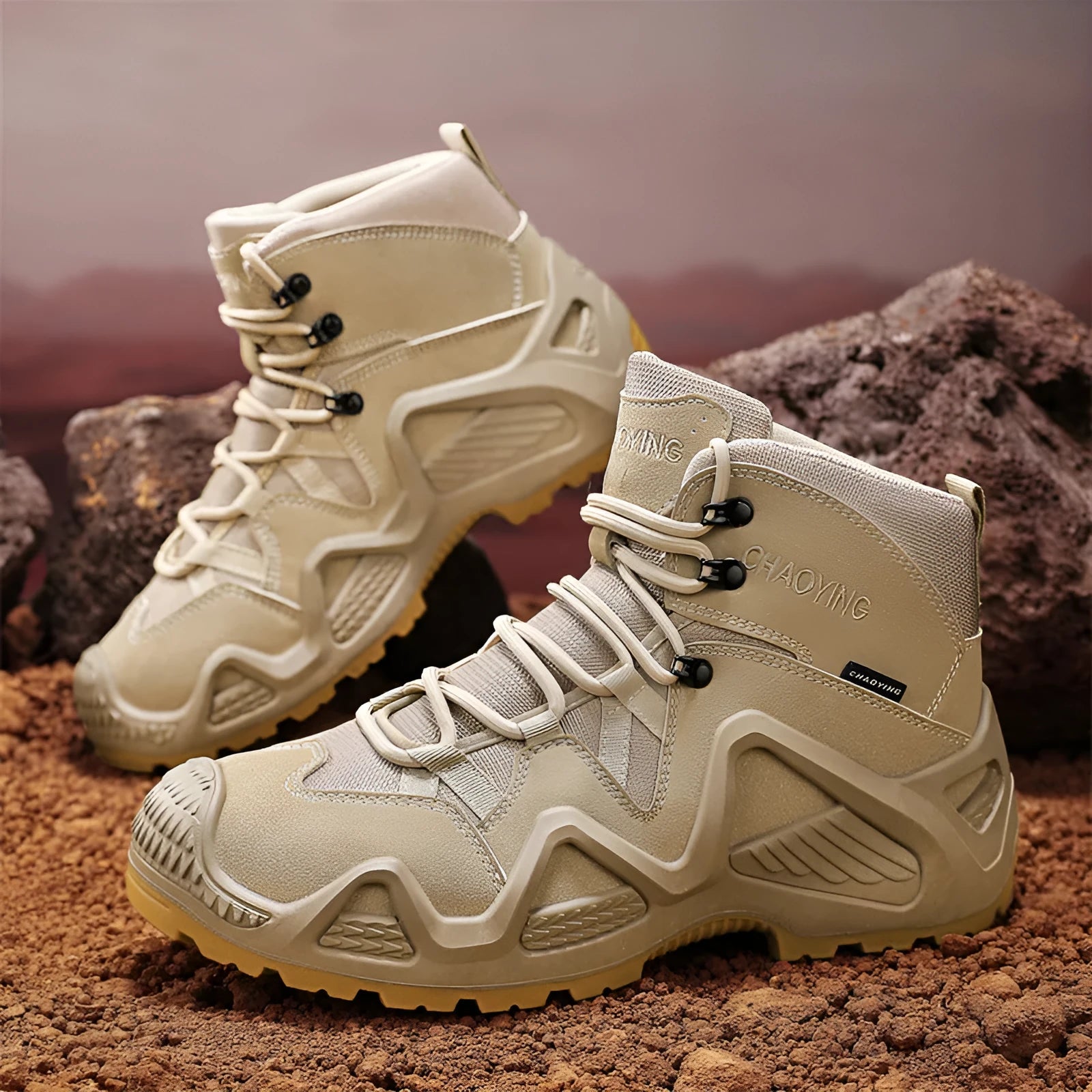 Men's high-top canvas tactical desert boots with rubber sole in black, grey, or khaki.