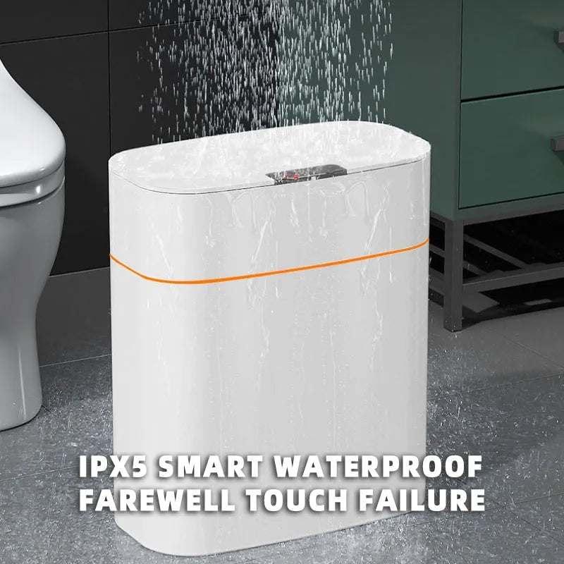 White smart induction trash can with automatic opening lid, shown in a kitchen setting.
