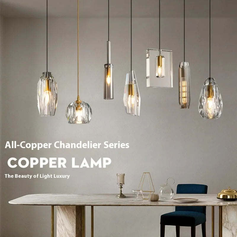 Copper crystal bedside pendant light, 11cm diameter, 25cm height, E14 warm light, 220V, H65 brass or wrought iron style