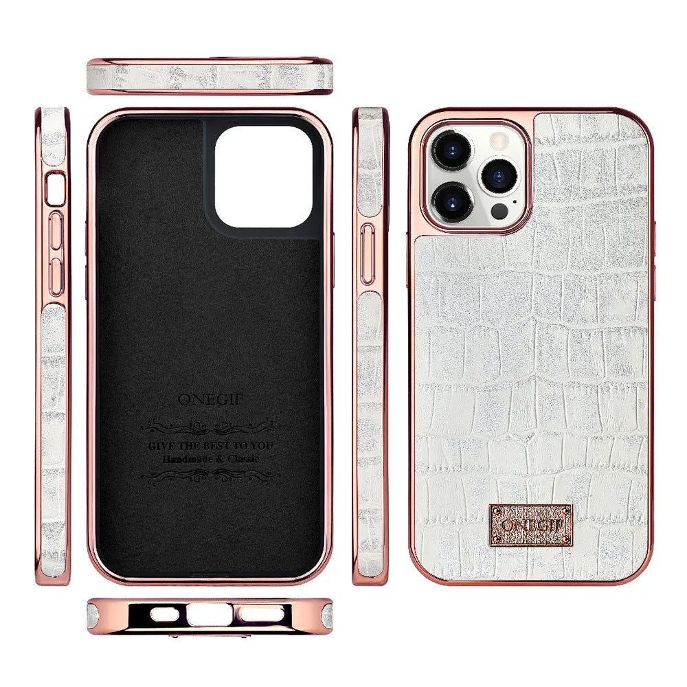 Electroplated grid screen phone case for iPhone 12 and 12 Pro Max in green, pink, and white