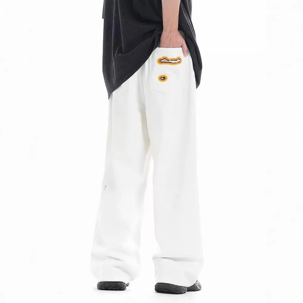 White retro washed ripped embroidery loose cotton blend trousers with zipper fly