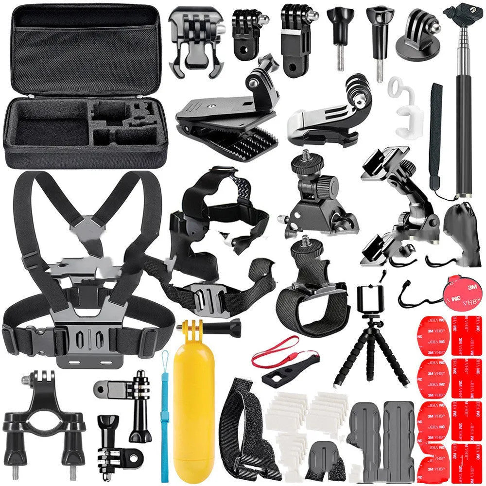 Black GoPro accessories set showing chest strap, helmet mount, mini tripod and iPhone holder for action filming