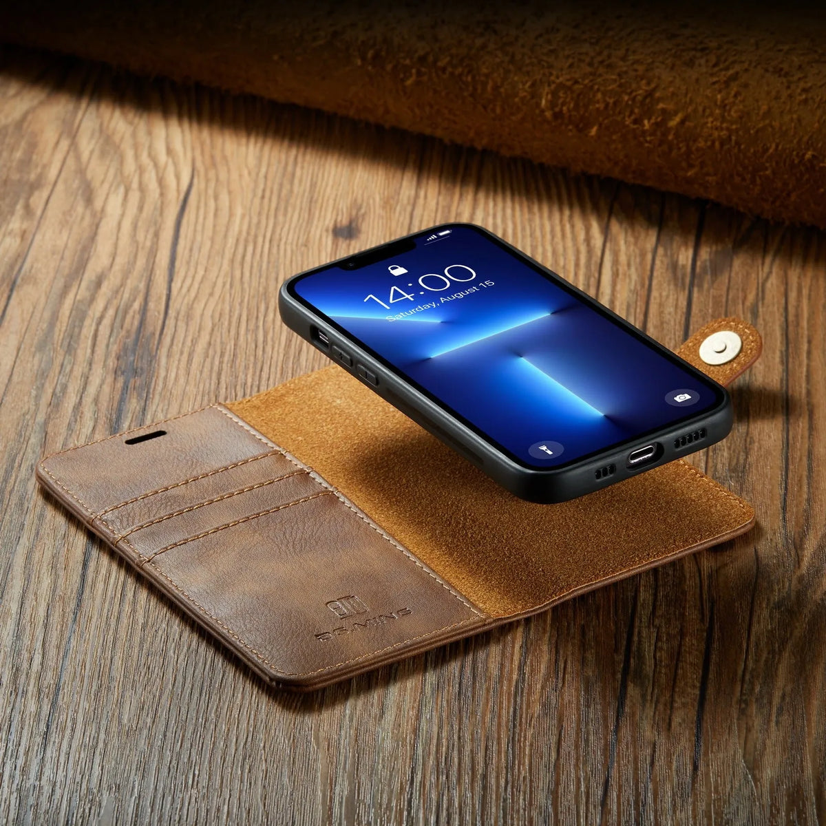 Split leather phone case with card slots and magnetic closure in black for iPhone