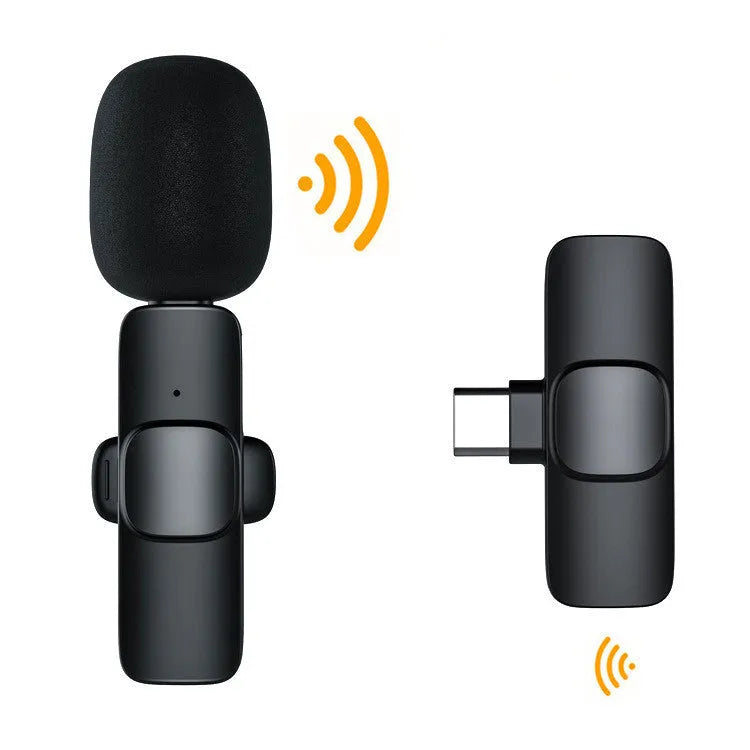 Wireless lavalier noise reduction microphone with clip, receiver, and Type C interface on white background