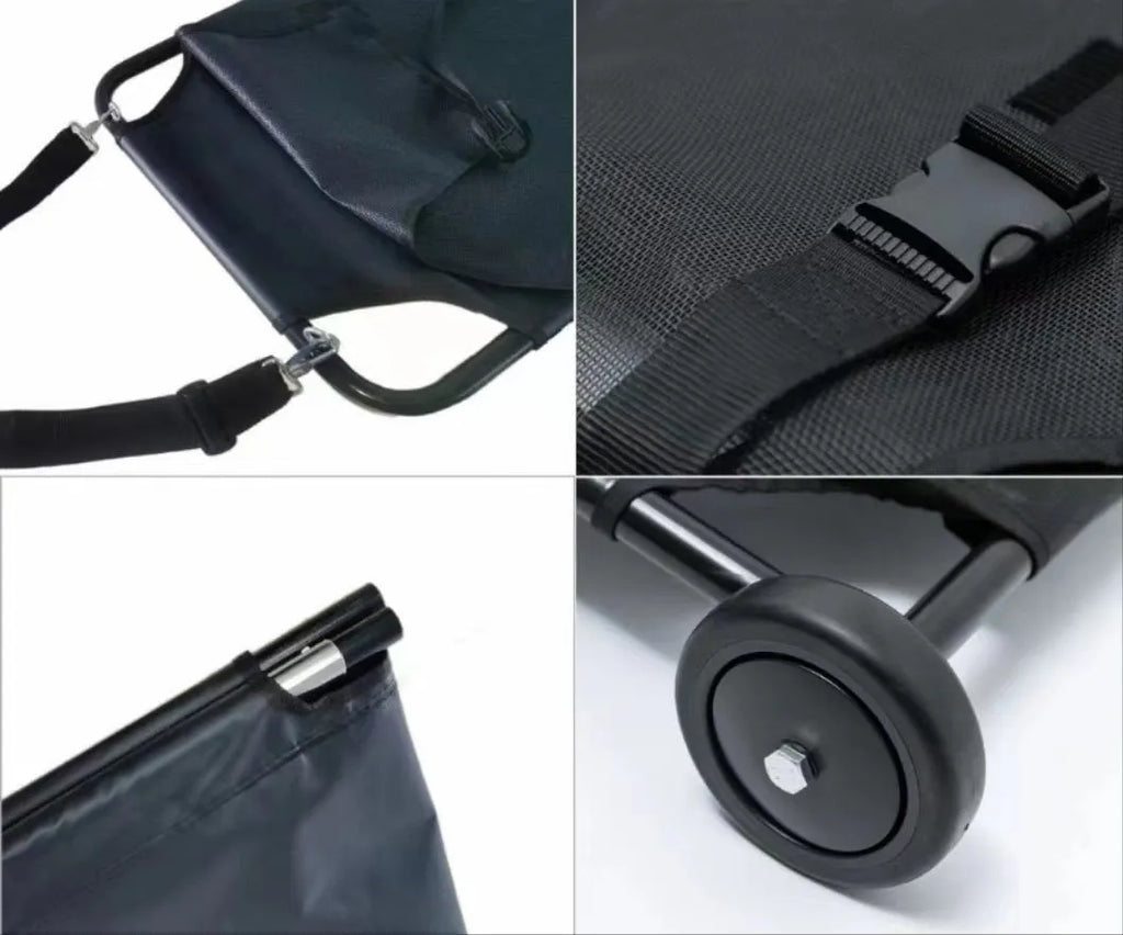 Black aluminium alloy large pet stretcher for emergency dog transfer on a solid background.