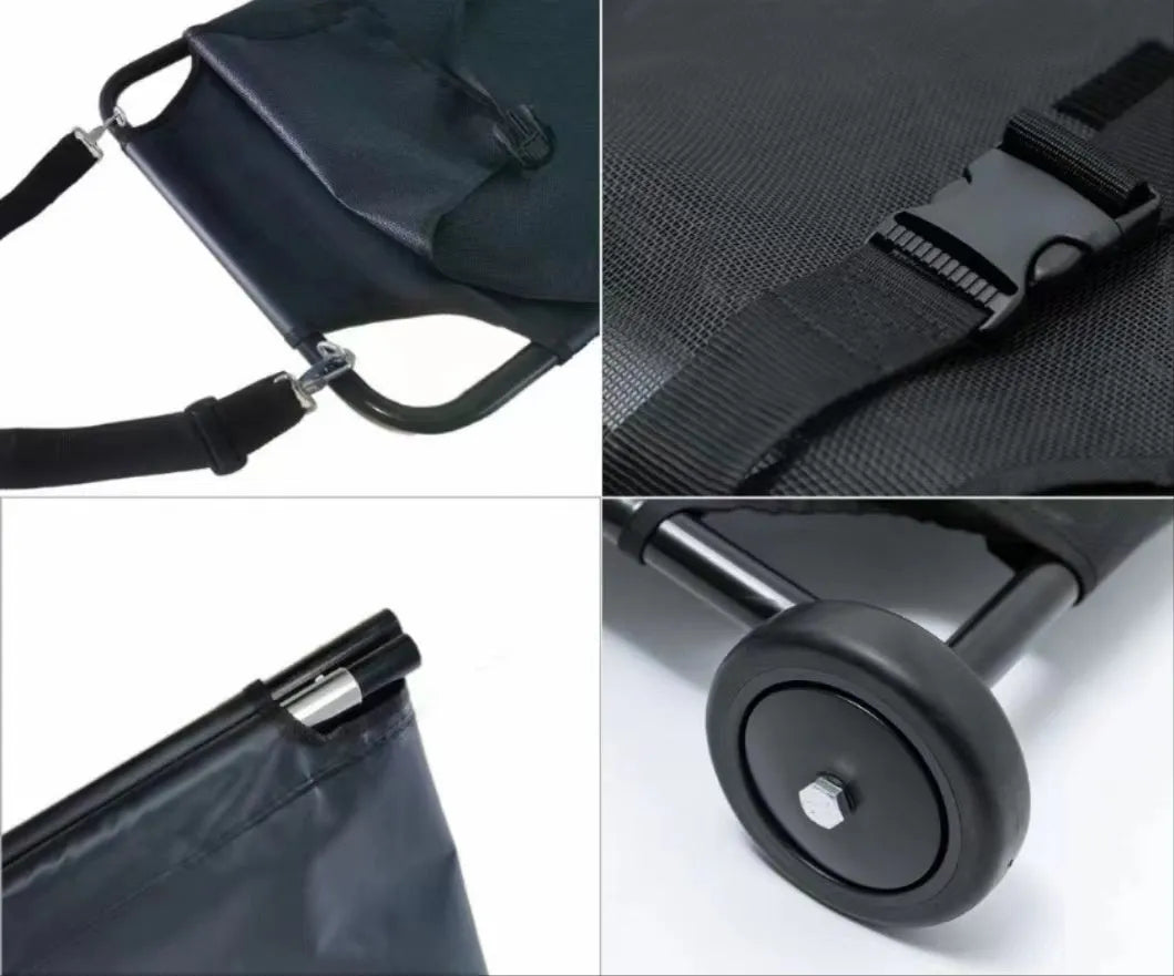 Black aluminium alloy large pet stretcher for emergency dog transfer on a solid background.