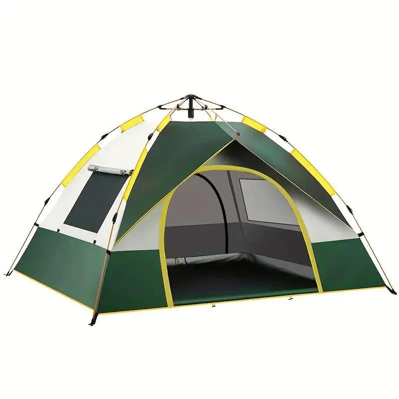 Dark green and silver automatic pop-up camping tent pitched outdoors.