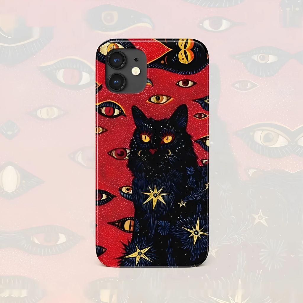 Retro cat eye design hard shell phone case for iPhone, shown in frosted and glossy half-covered style options.