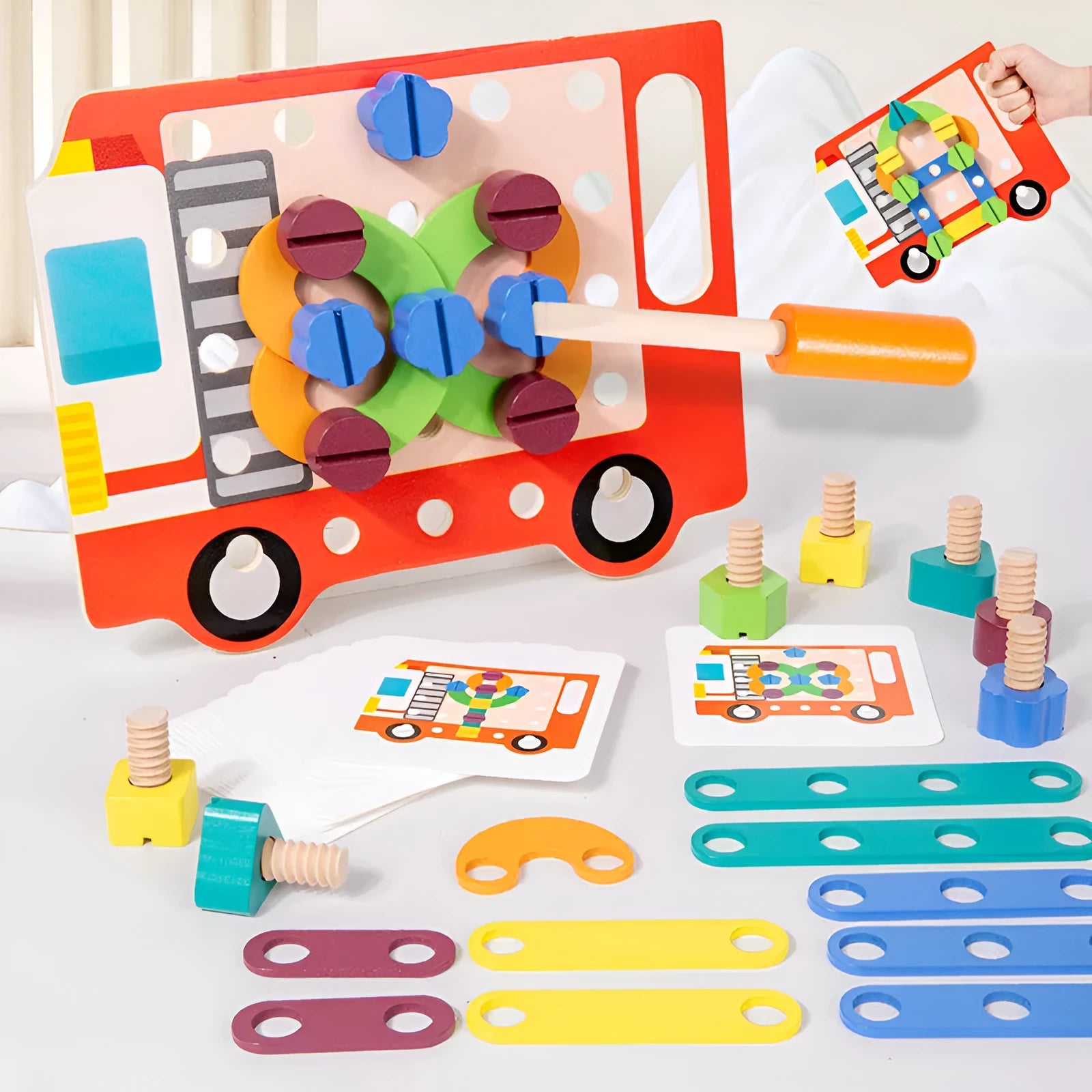 Children twist screws changeable shape matching wooden puzzle in colourful design