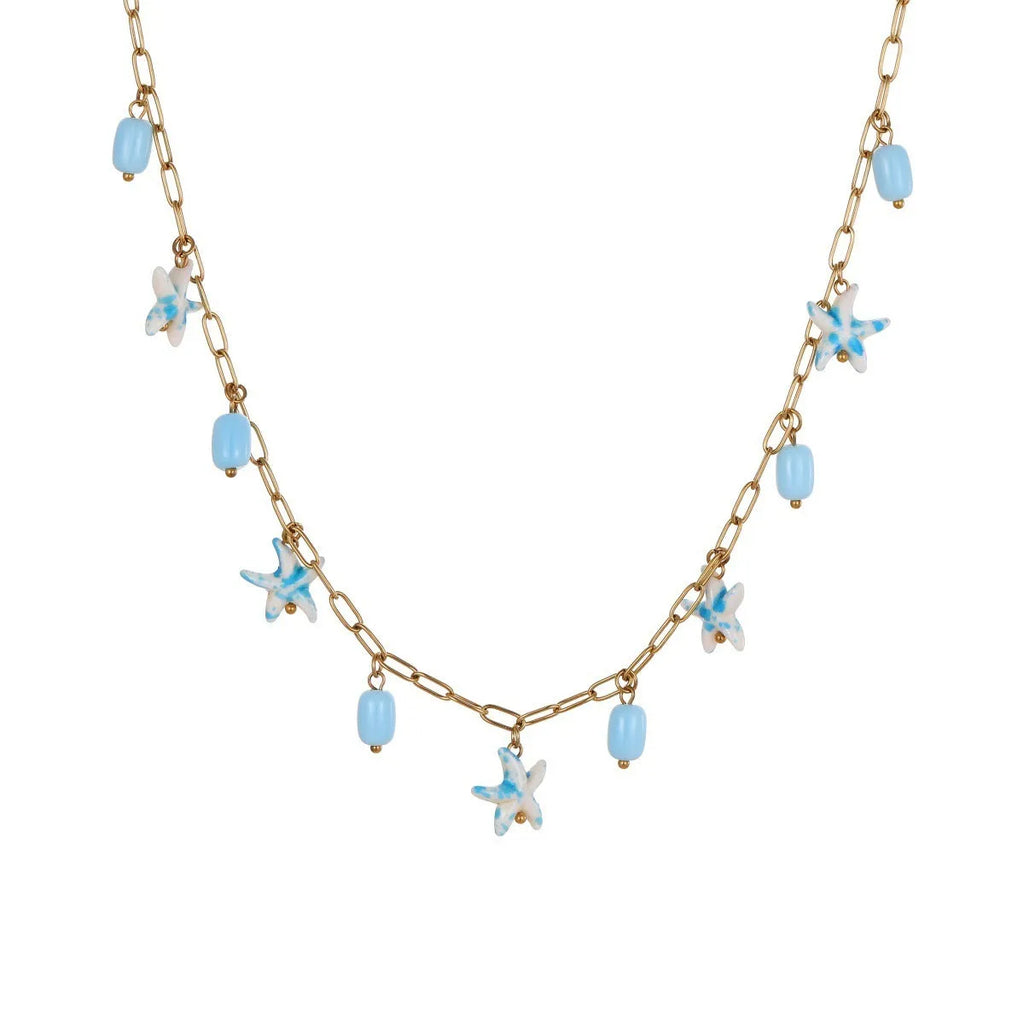 Stainless steel starfish necklace and bracelet set in blue with electroplated finish, regular chain style, women ocean jewellery.