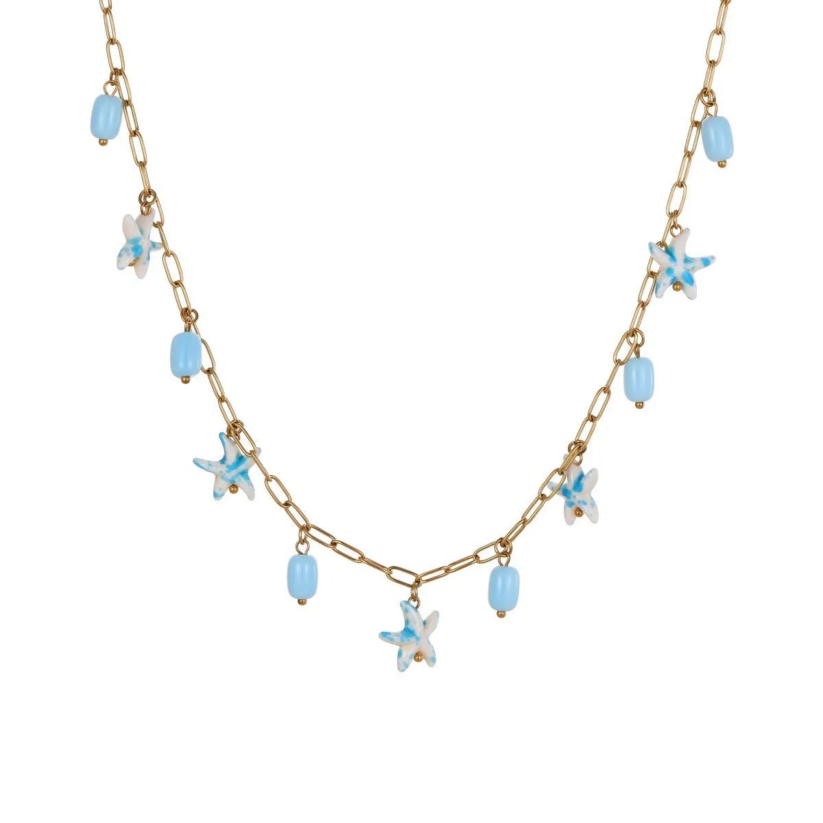 Stainless steel starfish necklace and bracelet set in blue with electroplated finish, regular chain style, women ocean jewellery.
