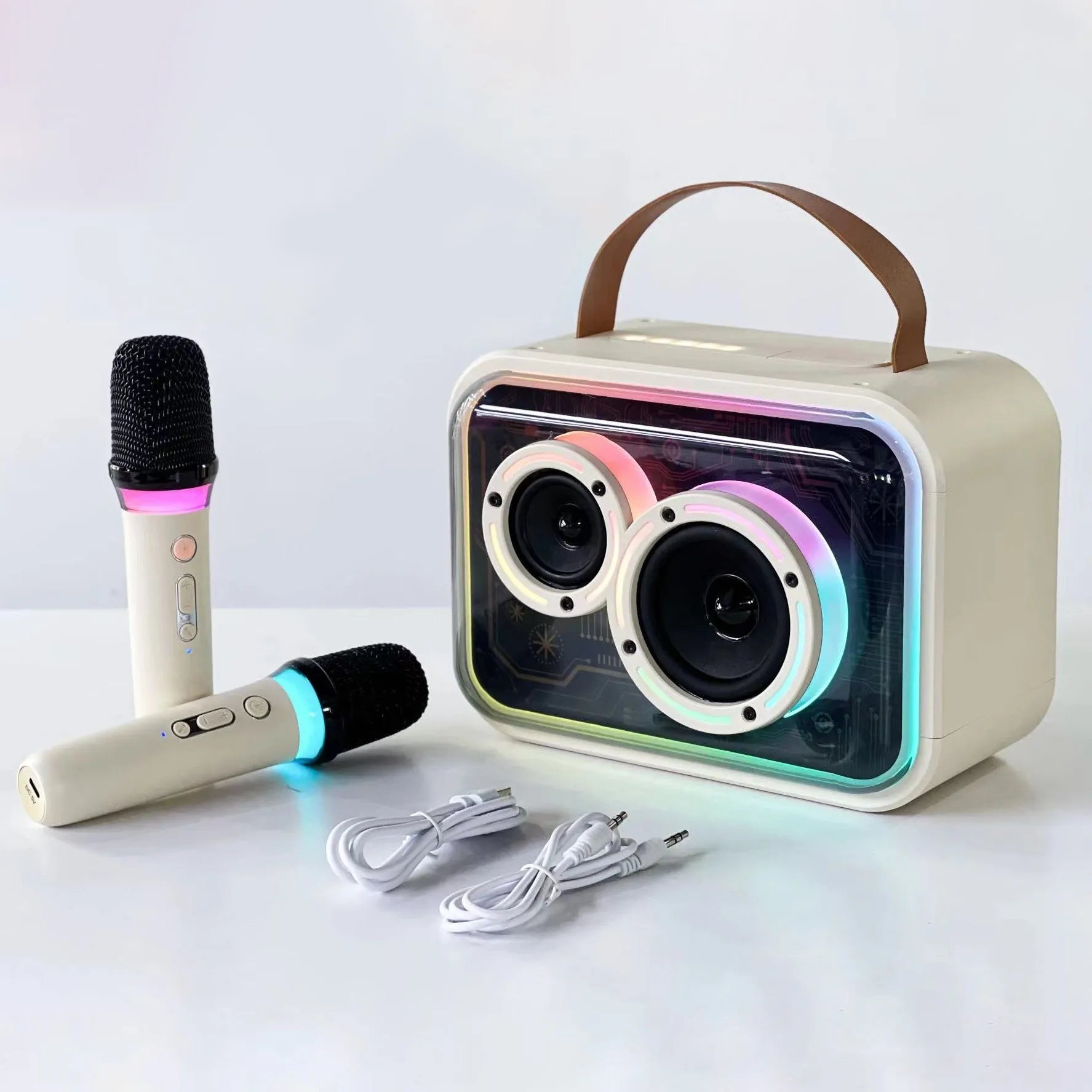 Portable Bluetooth karaoke speaker with colourful RGB lighting in light yellow colour