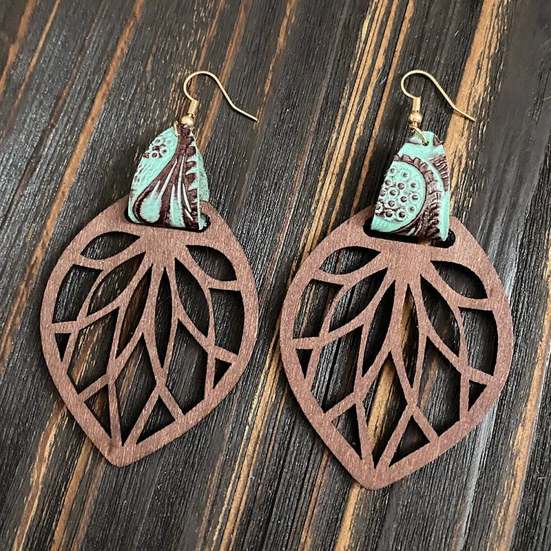 Set of six retro wooden hollow mandala exaggerated earrings with drop shape in geometry and round style