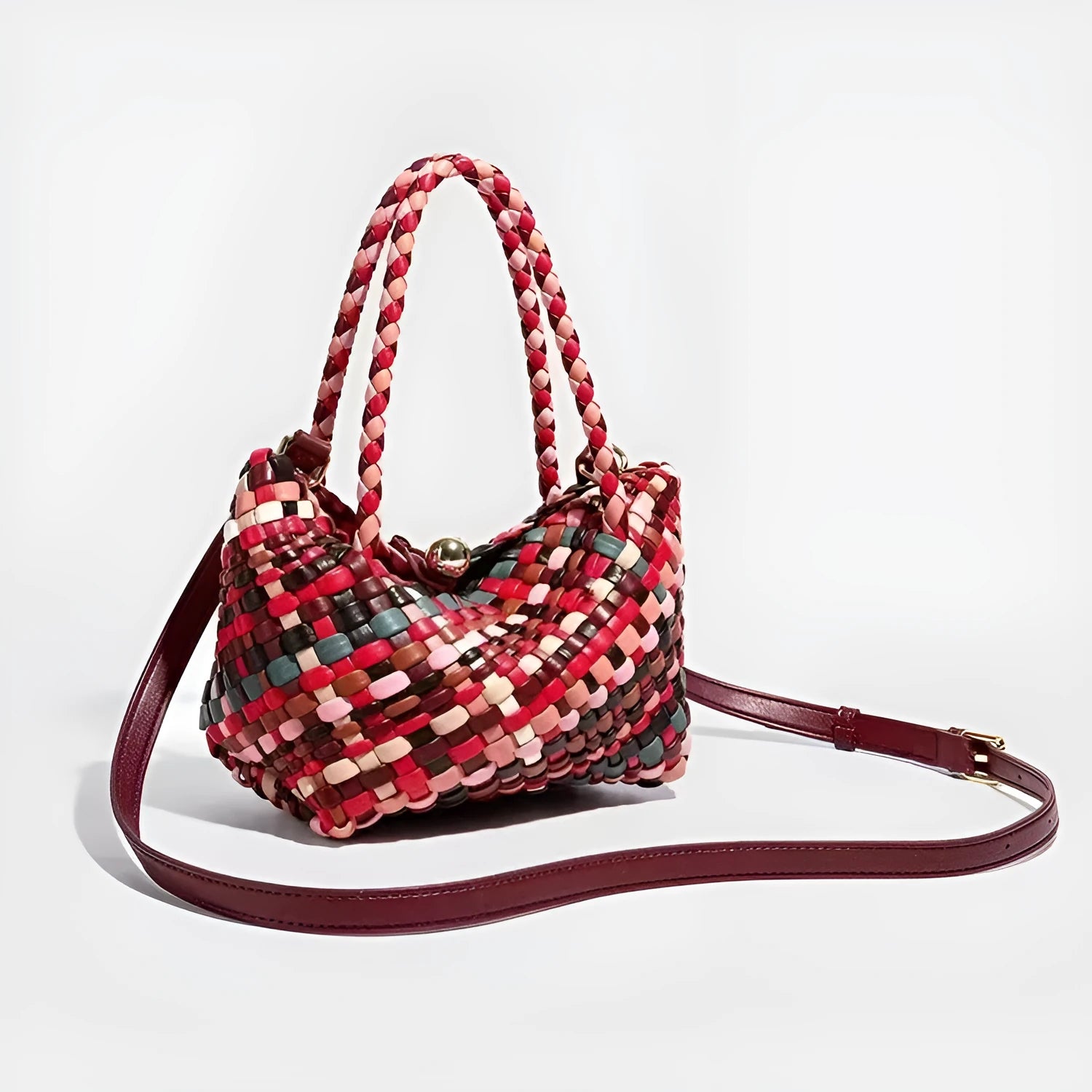 Colourful woven PU leather women's shoulder bag with handmade detailing
