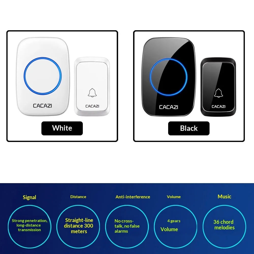 Wireless battery-powered DC doorbell with 300 metre range, waterproof transmitter, black or white, includes receiver