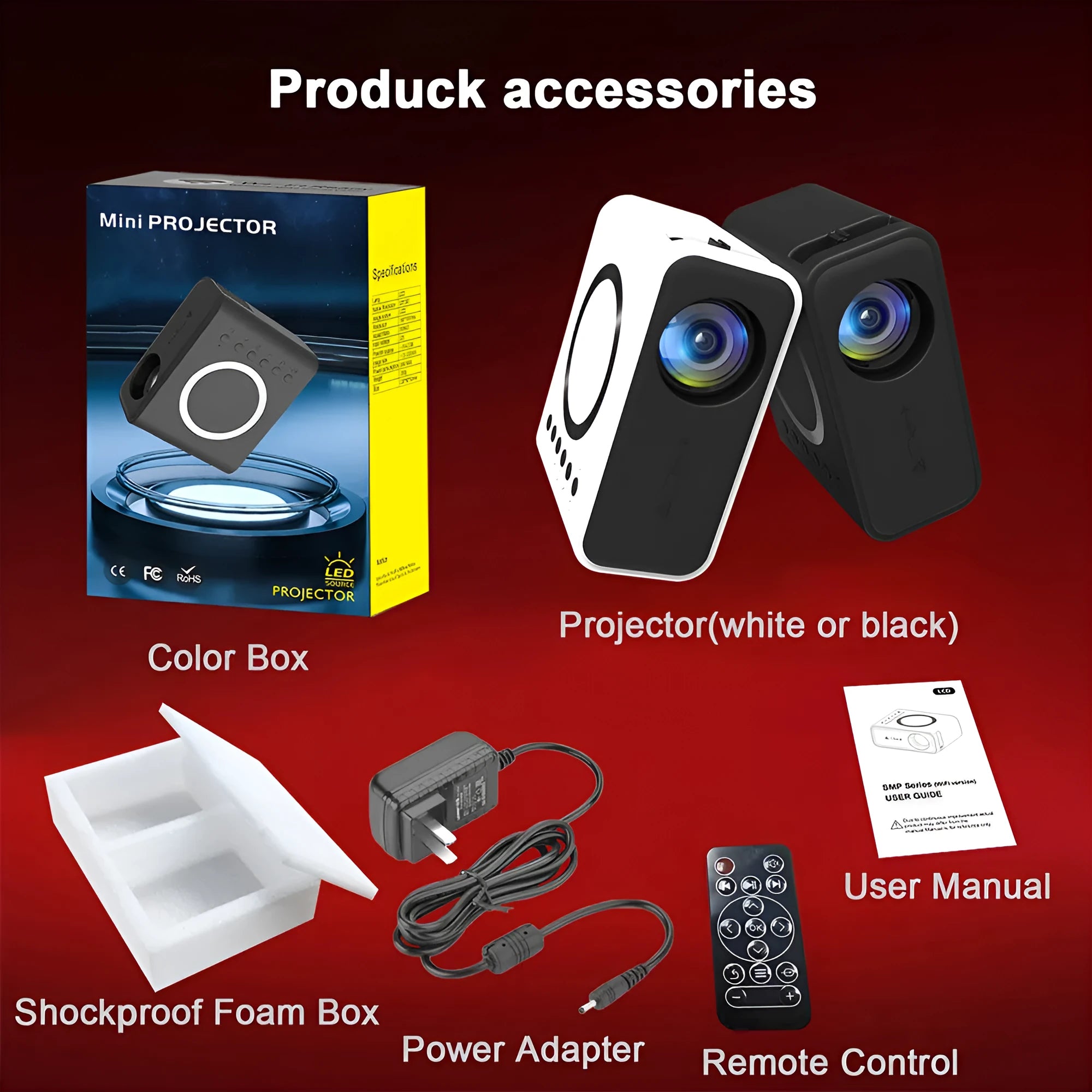 YT300 black portable mini projector with remote control on table showing projection