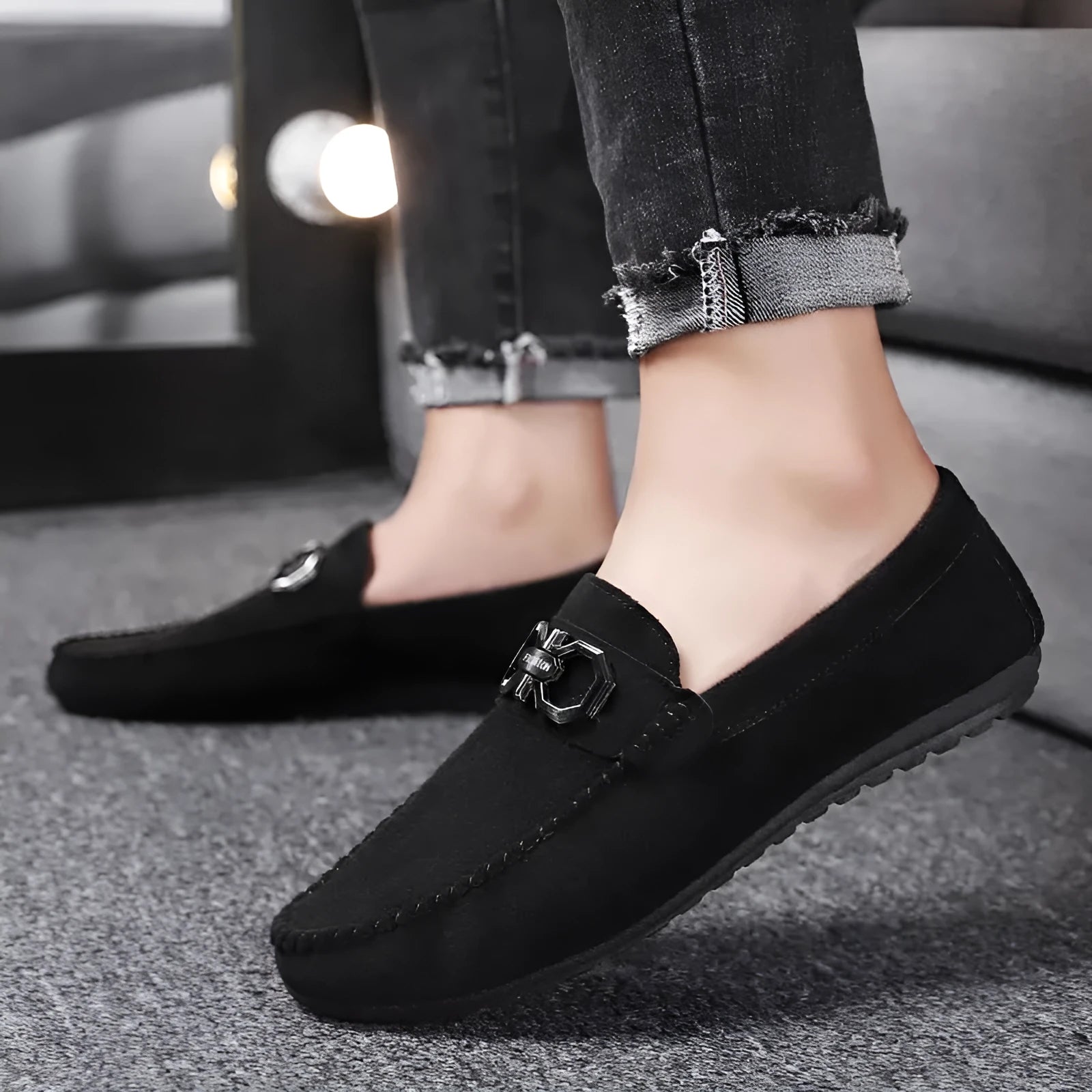 Men's black and grey casual summer shoes with suede and cowhide upper and rubber sole