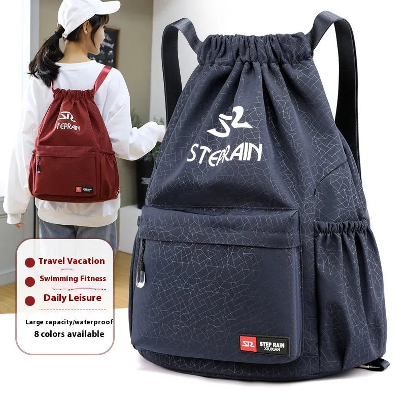 Solid colour lightweight Oxford cloth drawstring backpack with double-shoulder straps