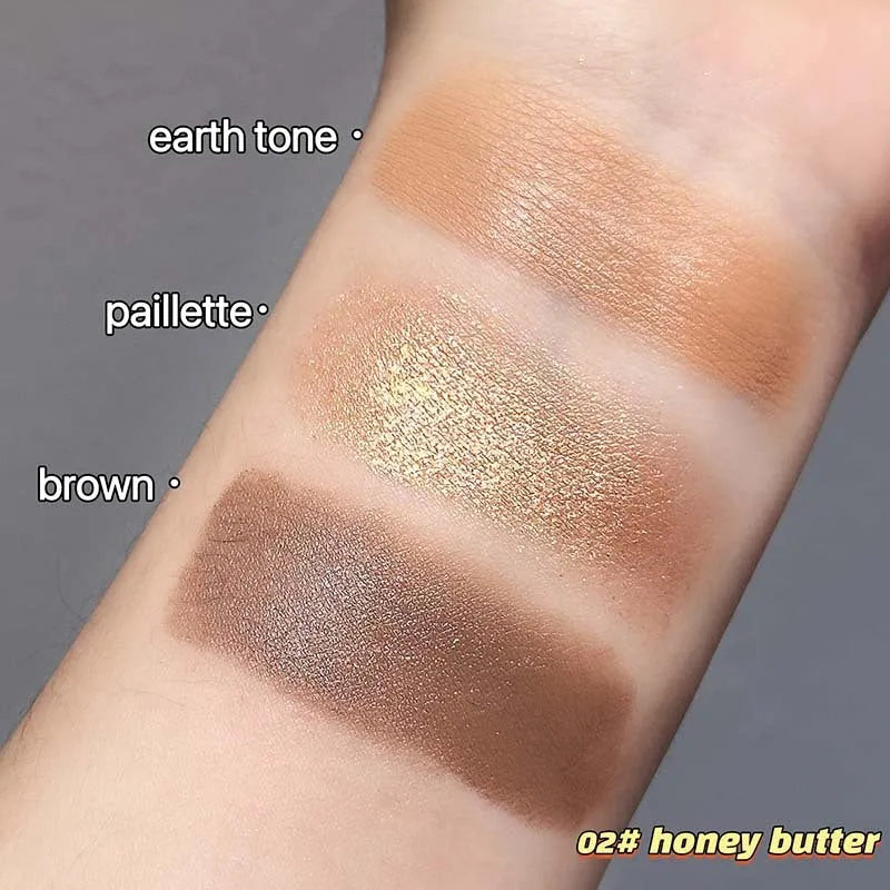 Mini donut eye shadow palette with three pink and brown shades in a thin compact