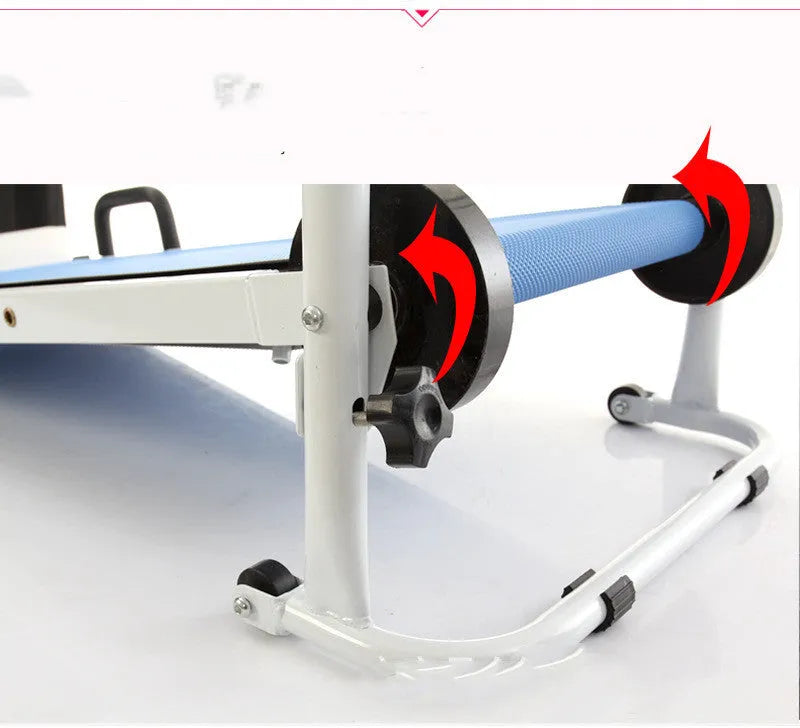 Multi-purpose folding walking machine in grey with compact dimensions, foldable frame, and contact heart rate sensors on handlebars