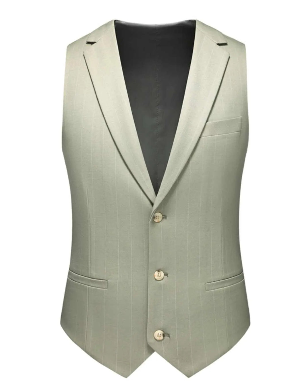 Men's light green 3-piece formal suit set with jacket, vest, and trousers, polyester viscose blend, flat collar