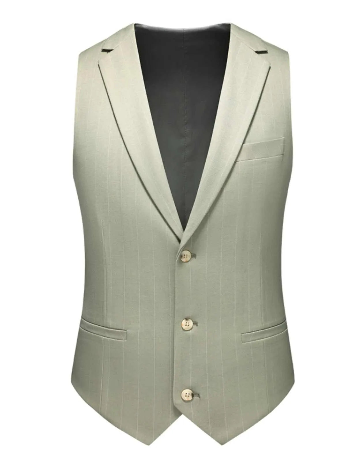 Men's light green 3-piece formal suit set with jacket, vest, and trousers, polyester viscose blend, flat collar