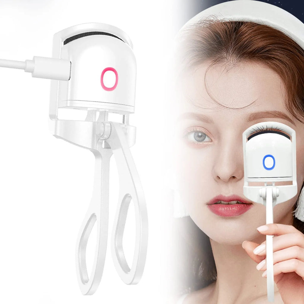 Pink and white USB rechargeable heated eyelash curler with dual temperature settings.