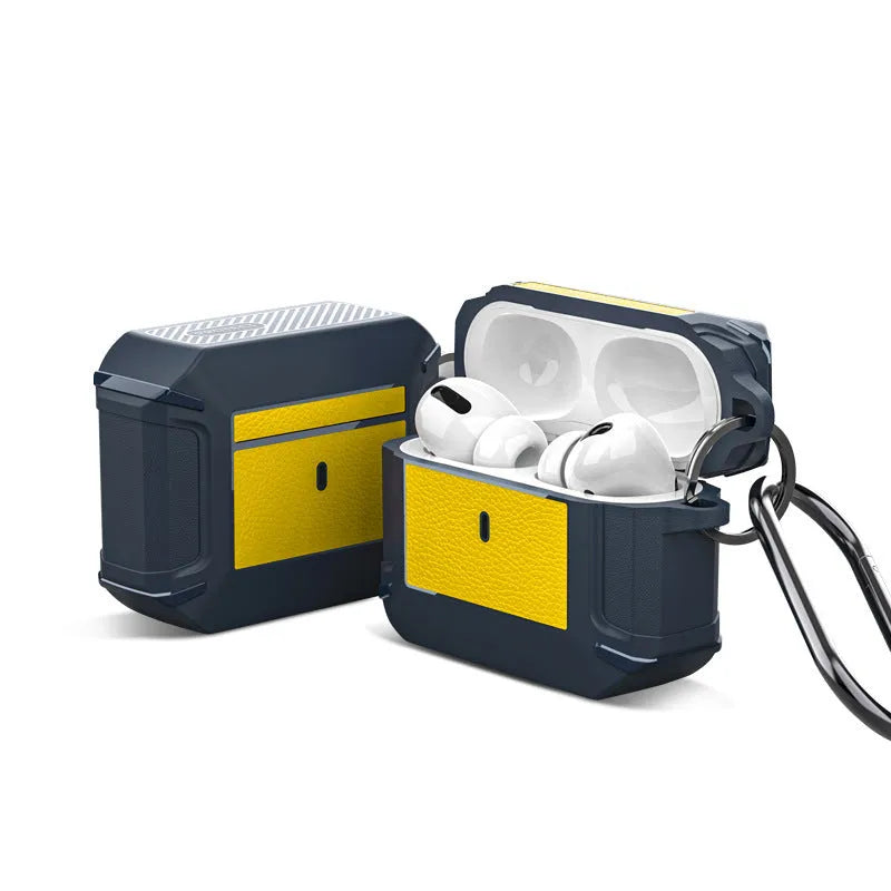 AirPods protective case in TPA leather-texture armour with buckle, shown in black and blue base colour options