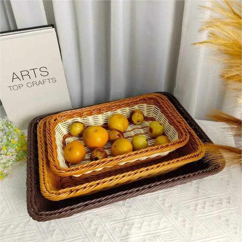 Rattan-like PP fruit and vegetable display snack storage box in brown colour, 35x25x7cm