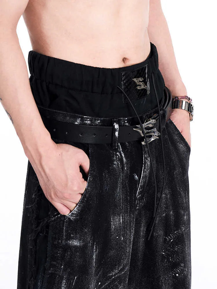 Black cowhide leather men's belt with metal buckle, shown at 110cm length