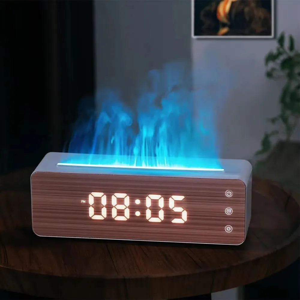 White ABS flame humidifier with wood grain panel, clock and humidity display, 280 x 85 x 95 mm