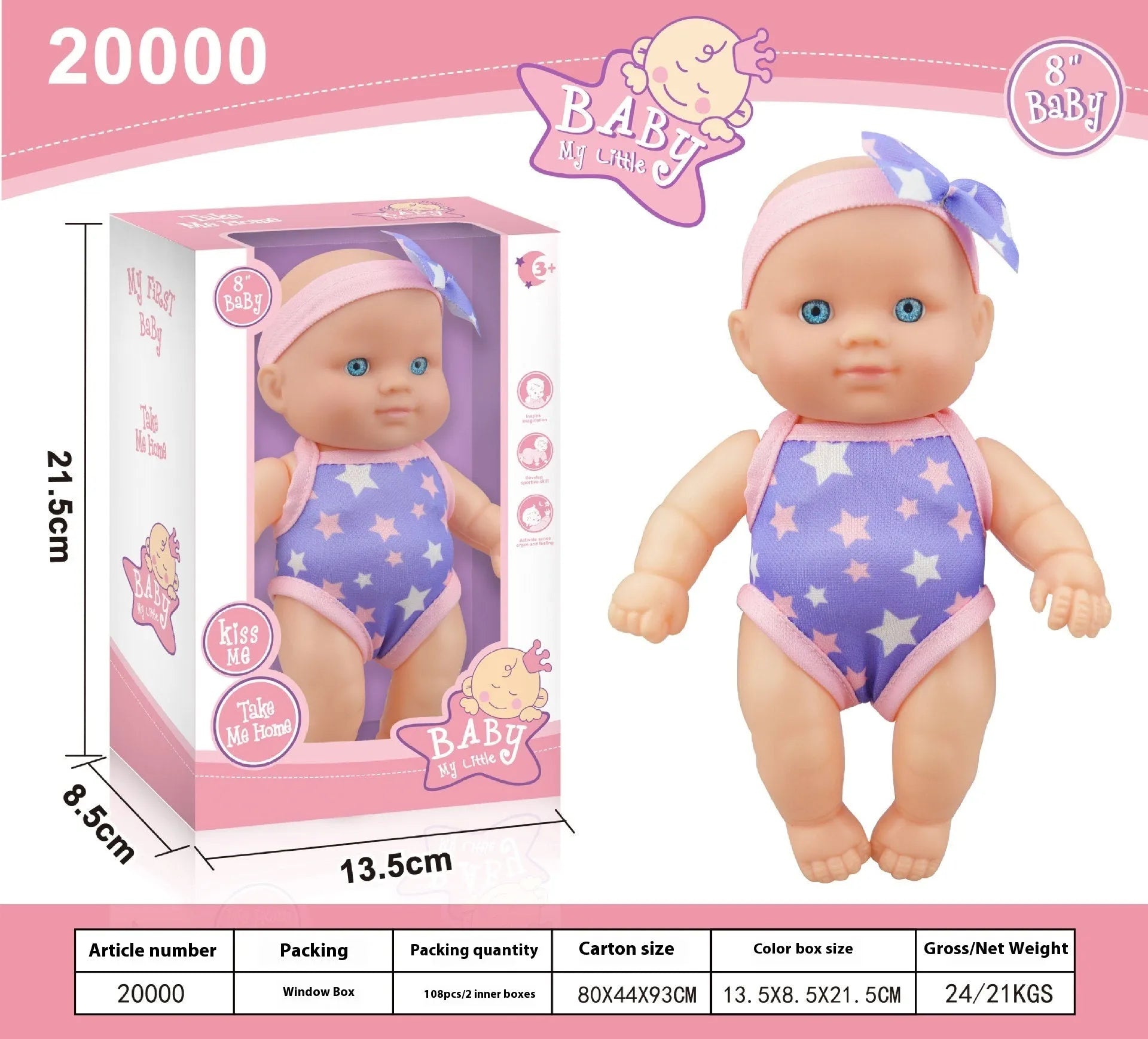 Vinyl baby figurine doll in display with colour variations and measurement scale