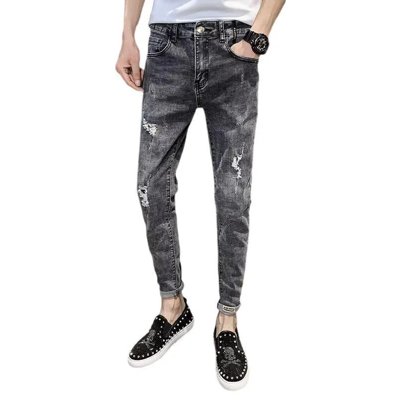 Men's high-waist denim jeans with button fly in basic style