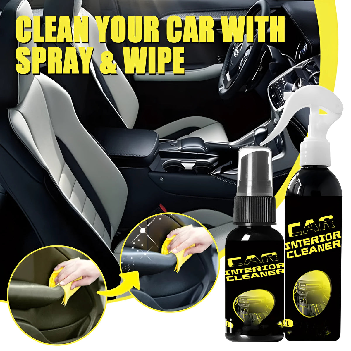 Car interior cleaner nozzle bottle in 30ml and 100ml sizes, dimensions 10x3cm and 171x37mm